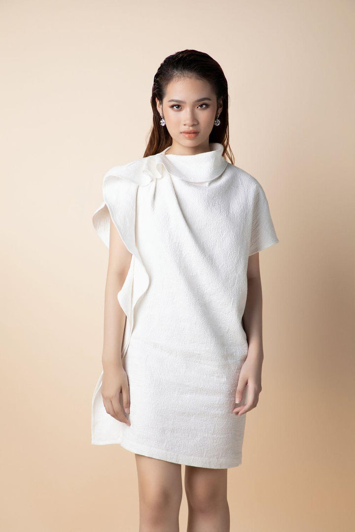 Reina Straight Asymmetric Sleeved Brocade Mini Dress - MEAN BLVD