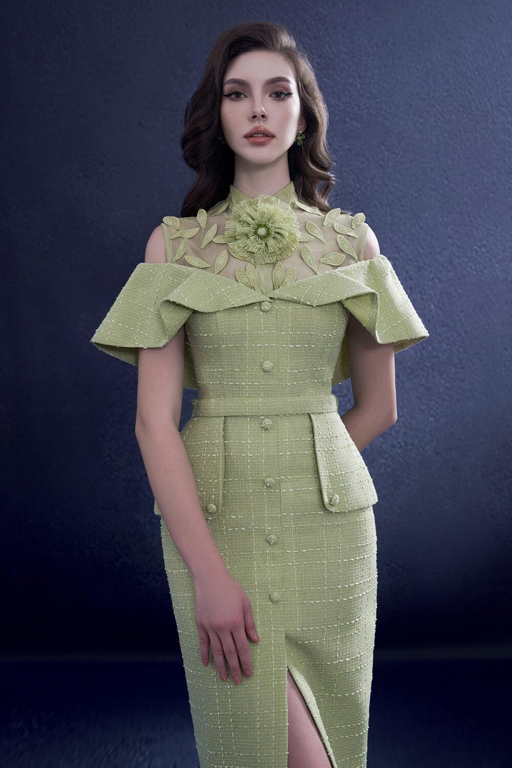 Women's Revela Pencil Cold Shoulder Sleeved Tweed Knee-length Dress S/M/L Green MEAN BLVD M / Green