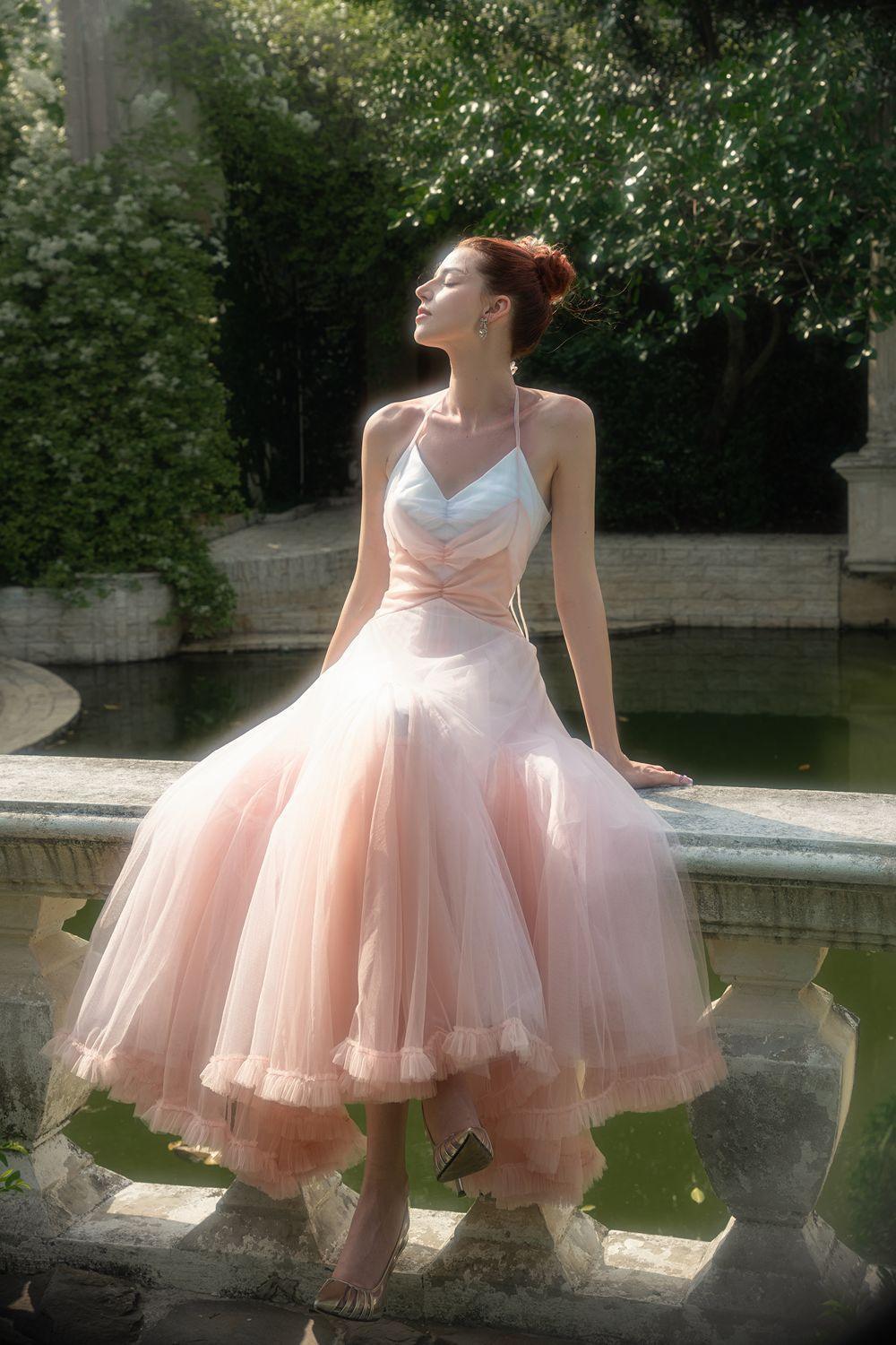 Women's Reverie Halter Sleeveless Tulle Ankle Length Dress S/M/L Pink MEAN  BLVD