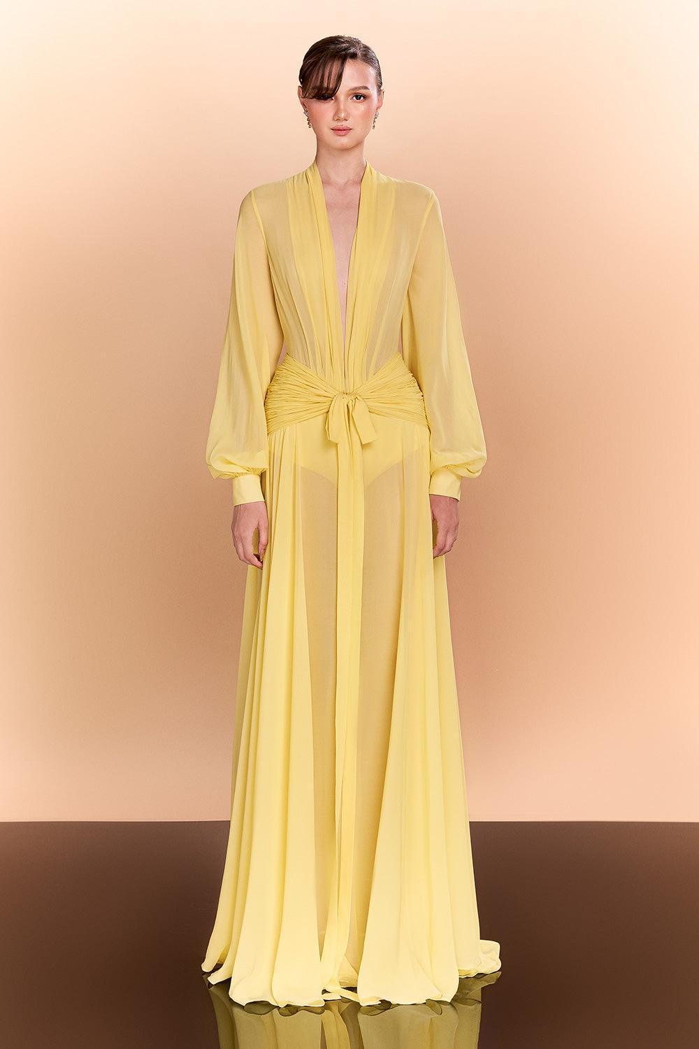 Reyna A-line Bishop Sleeved Chiffon Floor Length Dress - MEAN BLVD