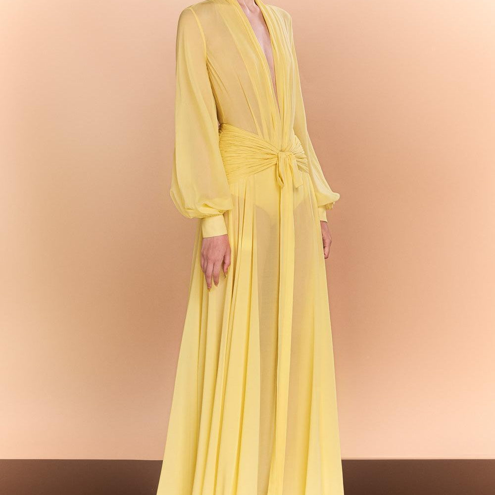 Reyna A-line Bishop Sleeved Chiffon Floor Length Dress - MEAN BLVD