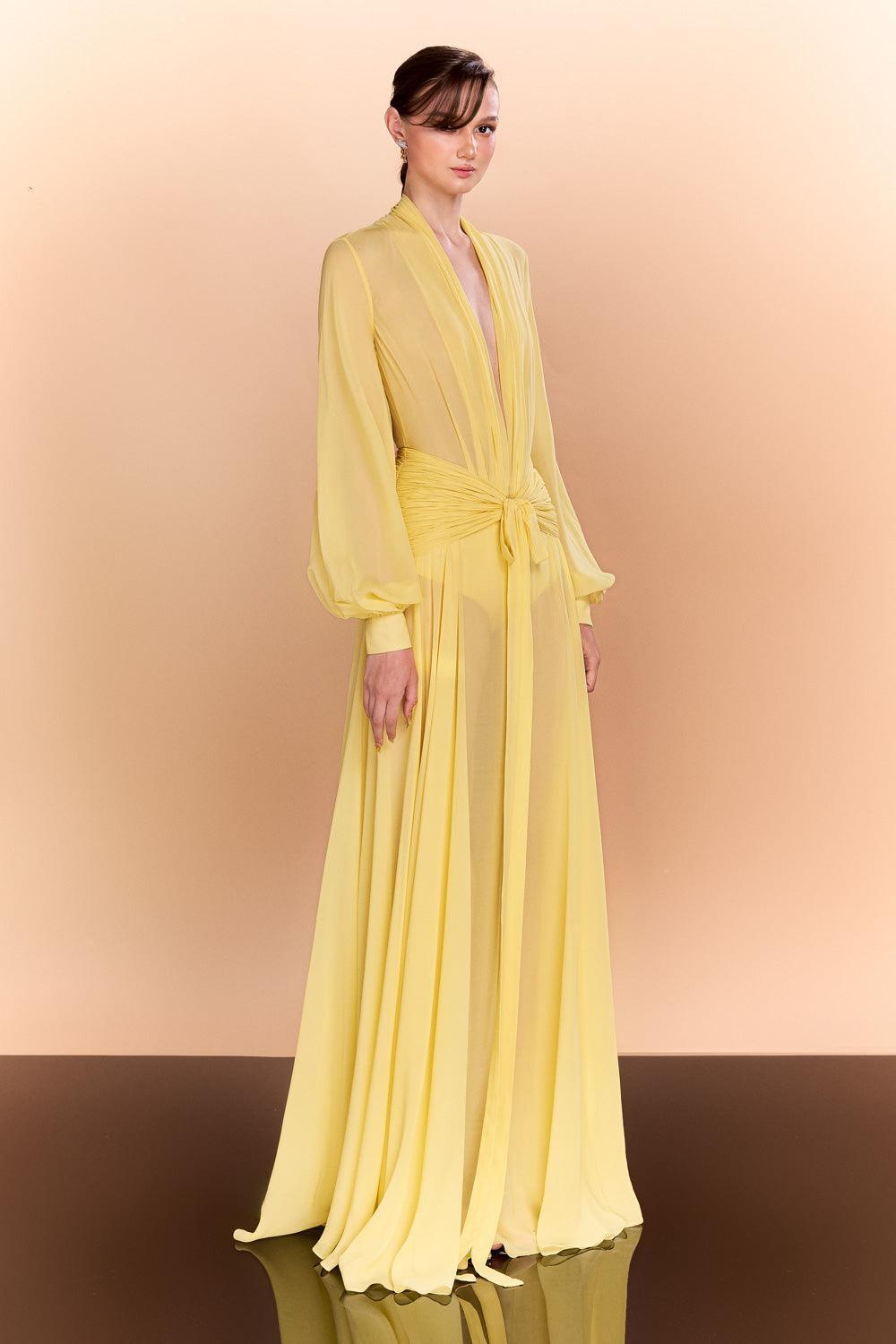 Reyna A-line Bishop Sleeved Chiffon Floor Length Dress - MEAN BLVD