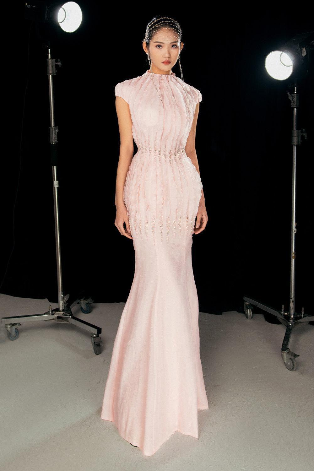 Rhodes Mermaid Cap Sleeved Silk Organza Floor Length Dress - MEAN BLVD