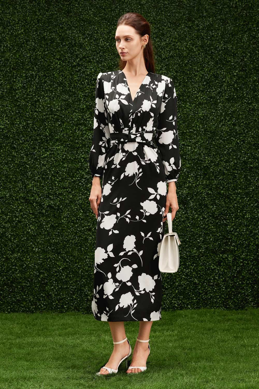 Women's Riley Sheath V-Neck Silk Midi Dress XS/S/M/L/Customize Black Floral Mean Blvd S / Black / Floral