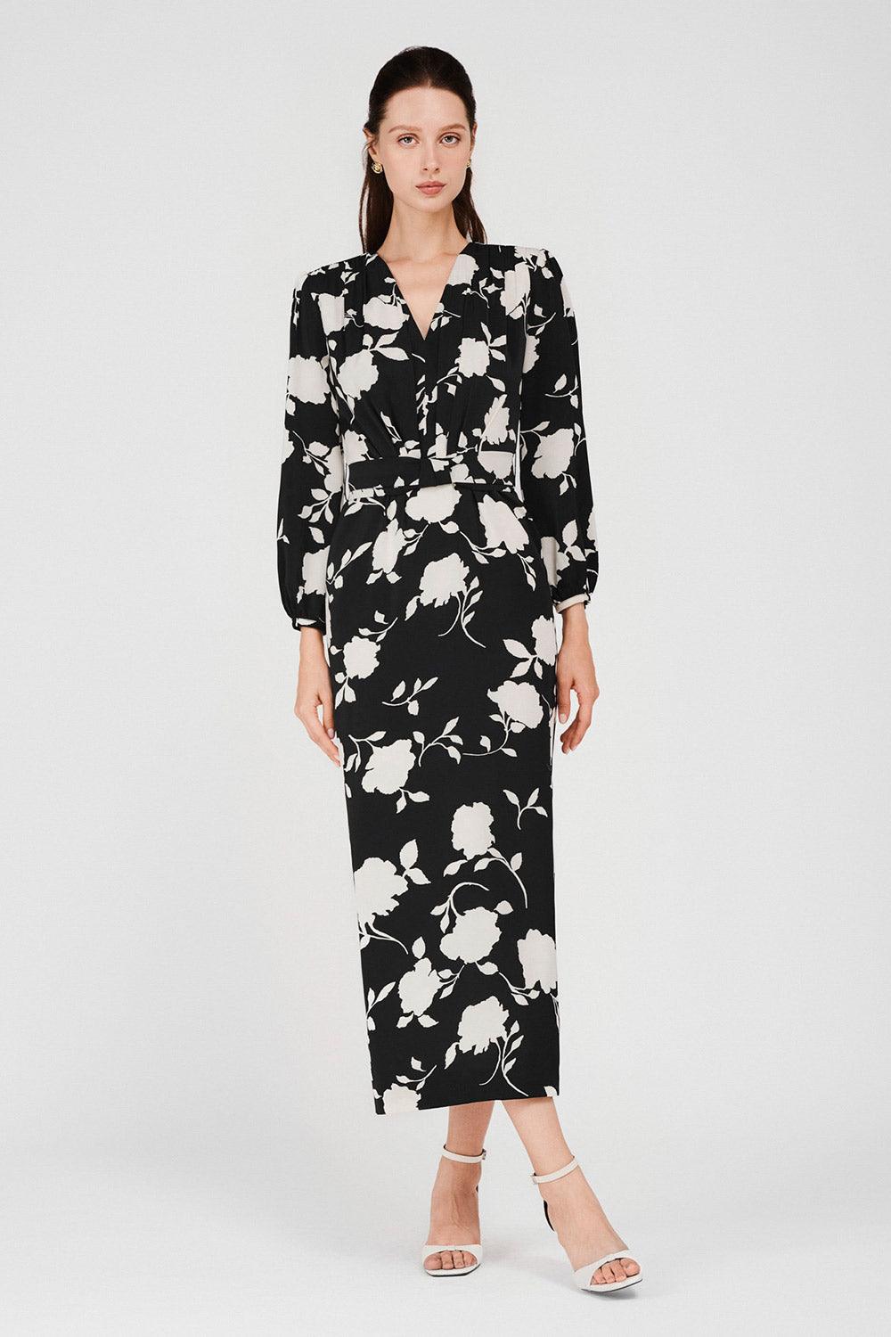 Women's Riley Sheath V-Neck Silk Midi Dress XS/S/M/L/Customize Black Floral Mean Blvd S / Black / Floral