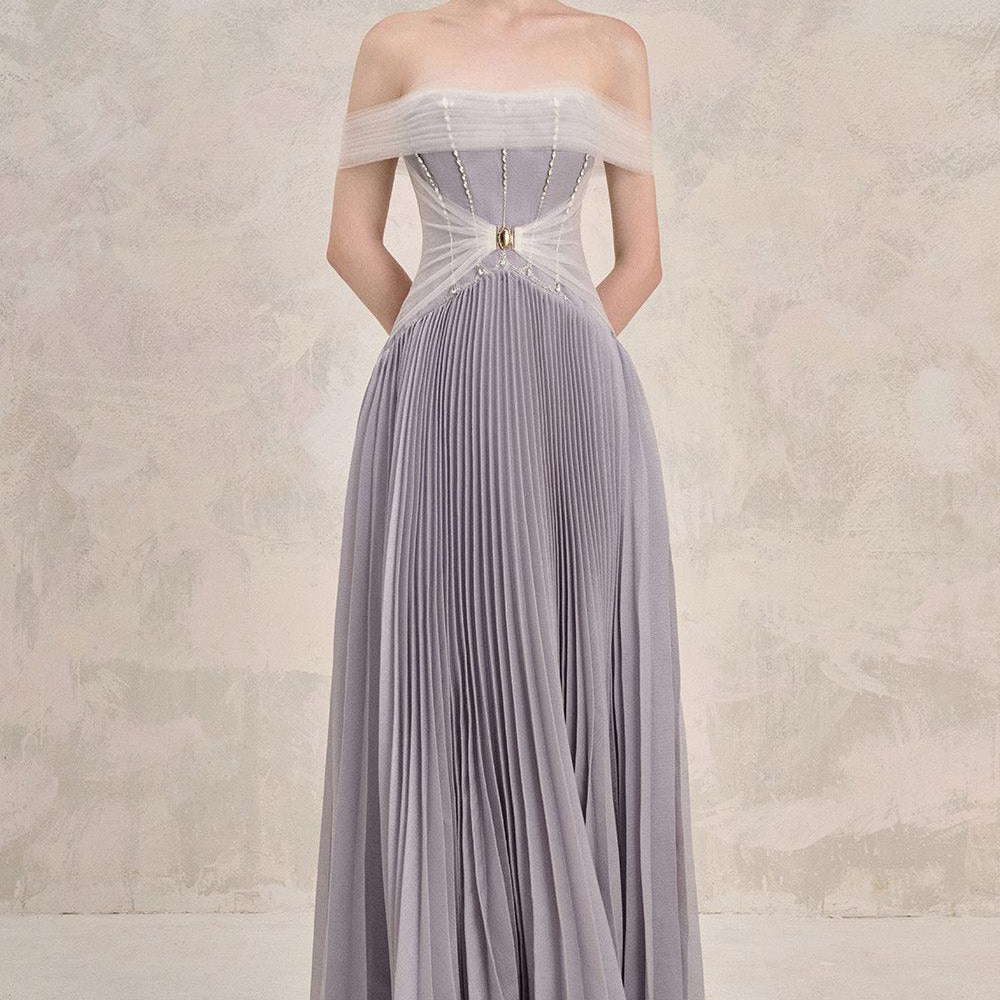 Riona Pleated Off-Shoulder Silk Floor Length Dress - MEAN BLVD