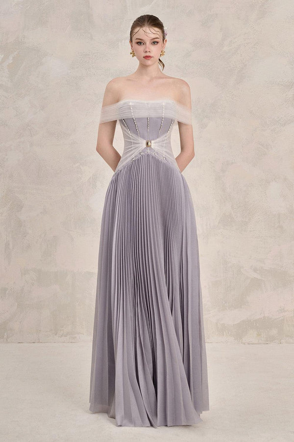 Riona Pleated Off-Shoulder Silk Floor Length Dress - MEAN BLVD