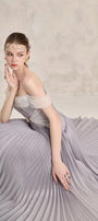 Riona Pleated Off-Shoulder Silk Floor Length Dress - MEAN BLVD