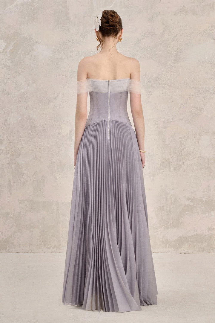 Riona Pleated Off-Shoulder Silk Floor Length Dress - MEAN BLVD