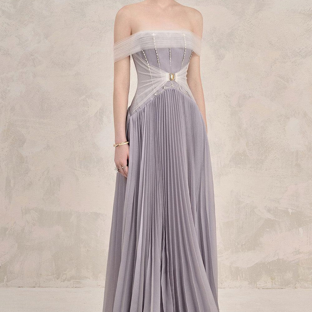 Riona Pleated Off-Shoulder Silk Floor Length Dress - MEAN BLVD