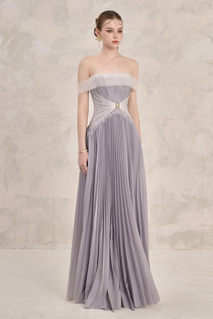 Women's Riona Pleated Off-Shoulder Silk Floor Length Dress XS/XS/S/M/L