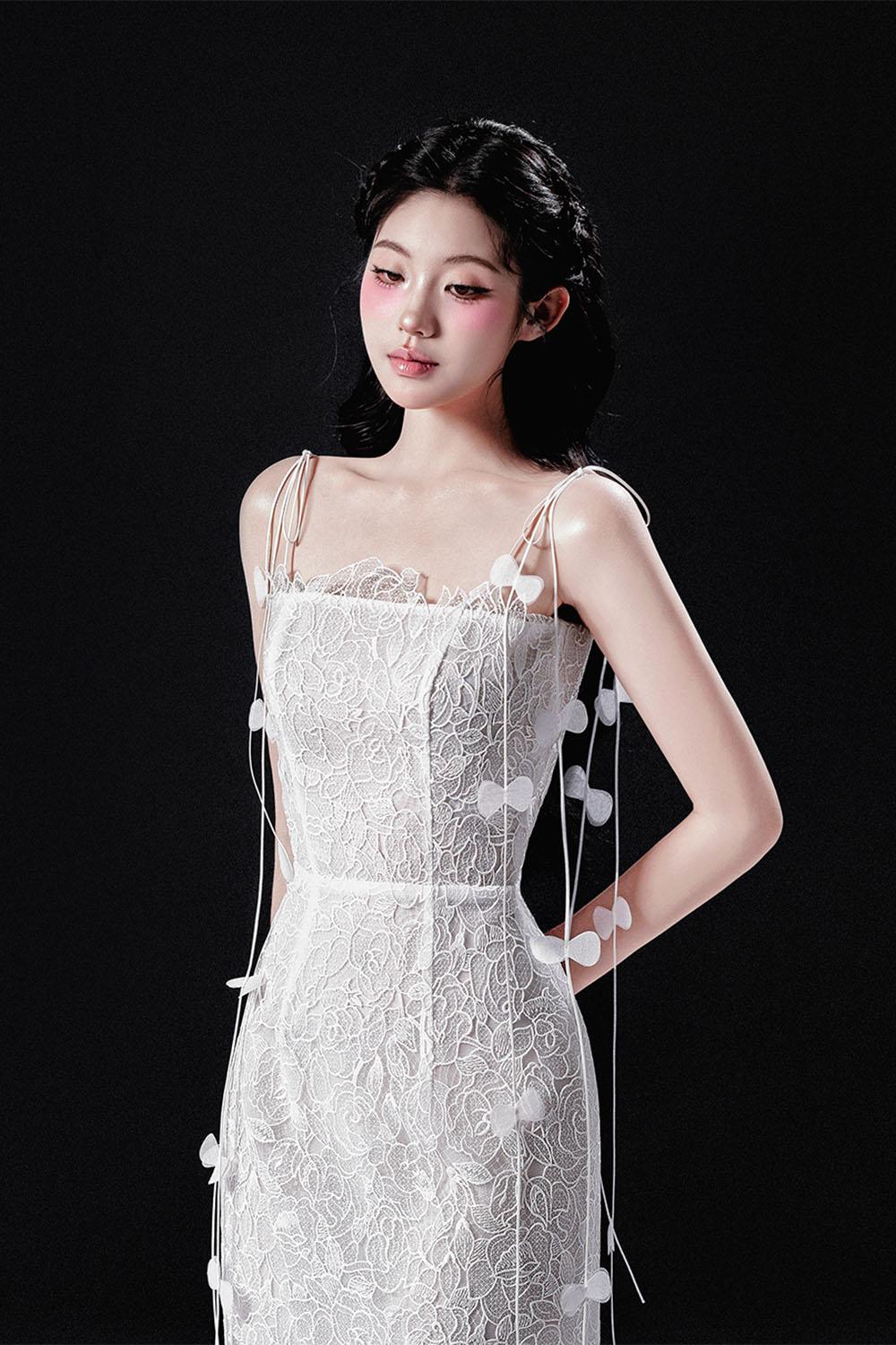 Women's Rishima Sheath Spaghetti Strap Lace Midi Dress XS/S/M/L/Customize Pearl White MEAN BLVD Pearl White / L Women's Rishima Sheath Spaghetti Strap Lace Midi Dress XS/S/M/L/Customize Pearl White MEAN BLVD Pearl White / L