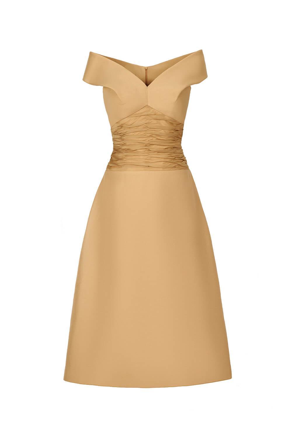 Women's Rita A-line Fall Shoulder Satin Crepe Midi Dress S/M/L White/Brown MEAN BLVD Women's Rita A-line Fall Shoulder Satin Crepe Midi Dress S/M/L White/Brown MEAN BLVD