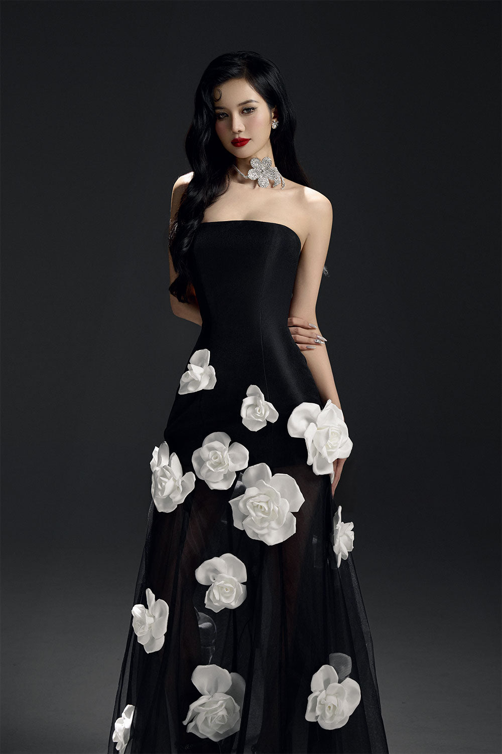 Women's Lucie Rose A-line Flower Applique Mesh Taffeta Floor Length Dress S/M/L/Customize Black MEAN BLVD, Black / S