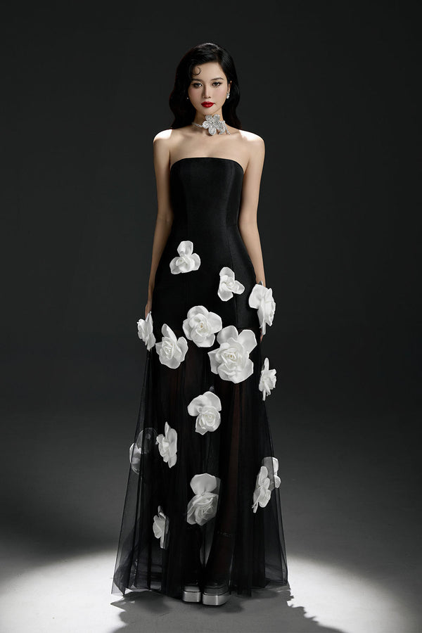 Lucie Rose A-line Flower Applique Mesh Taffeta Floor Length Dress