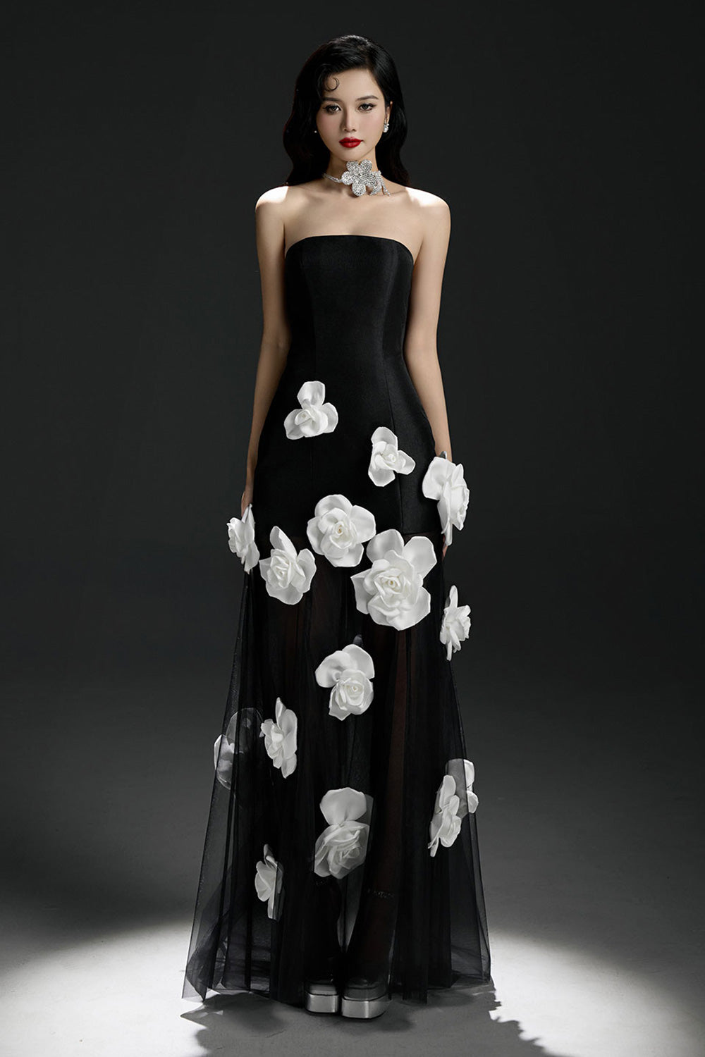 Lucie Rose A-line Flower Applique Mesh Taffeta Floor Length Dress Black / L