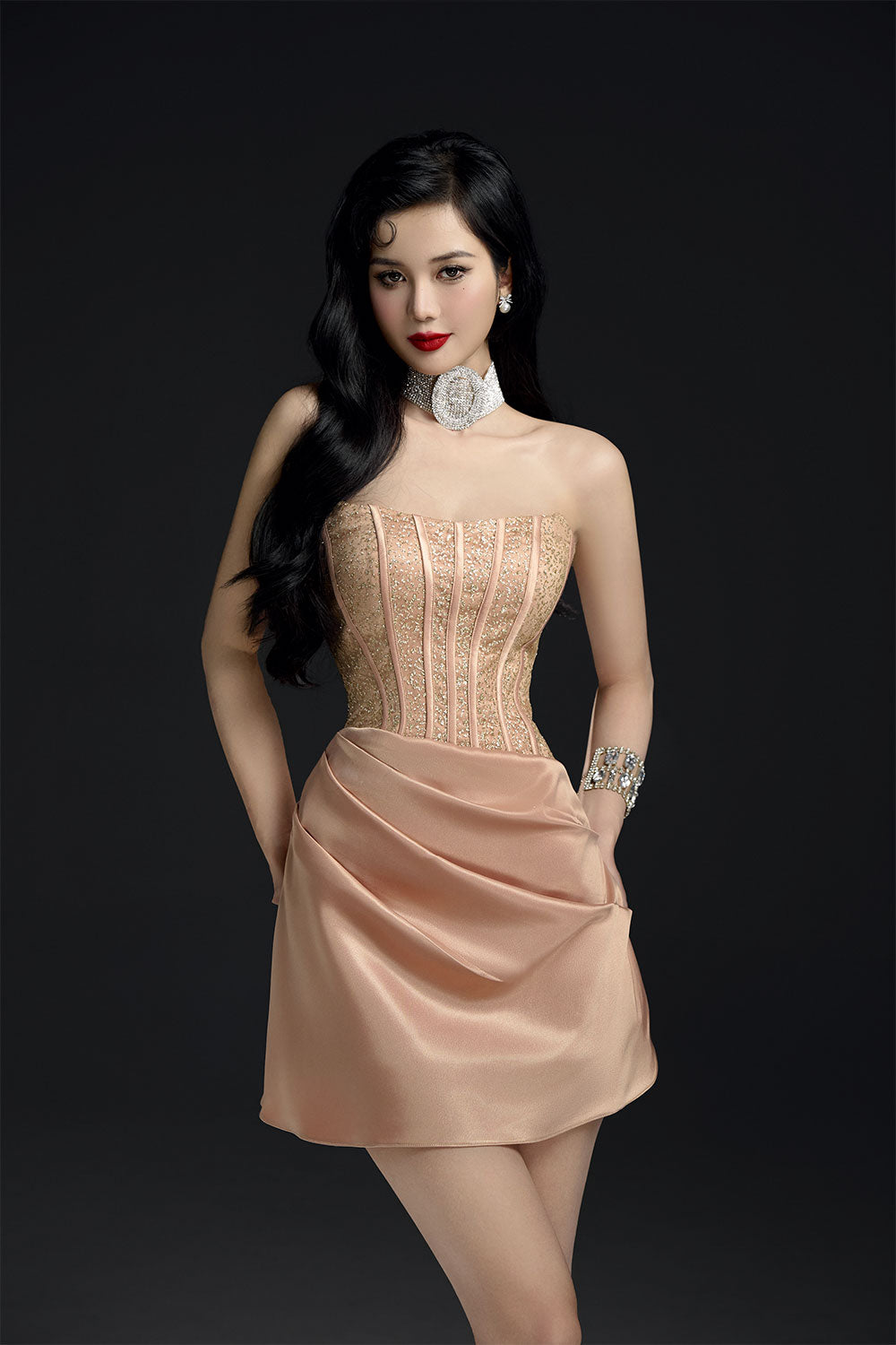 Women's Diamond Veil A-Line Waist Pleated Mesh Sequin Mini Dress S/M/L Nude Mean Blvd Nude / S
