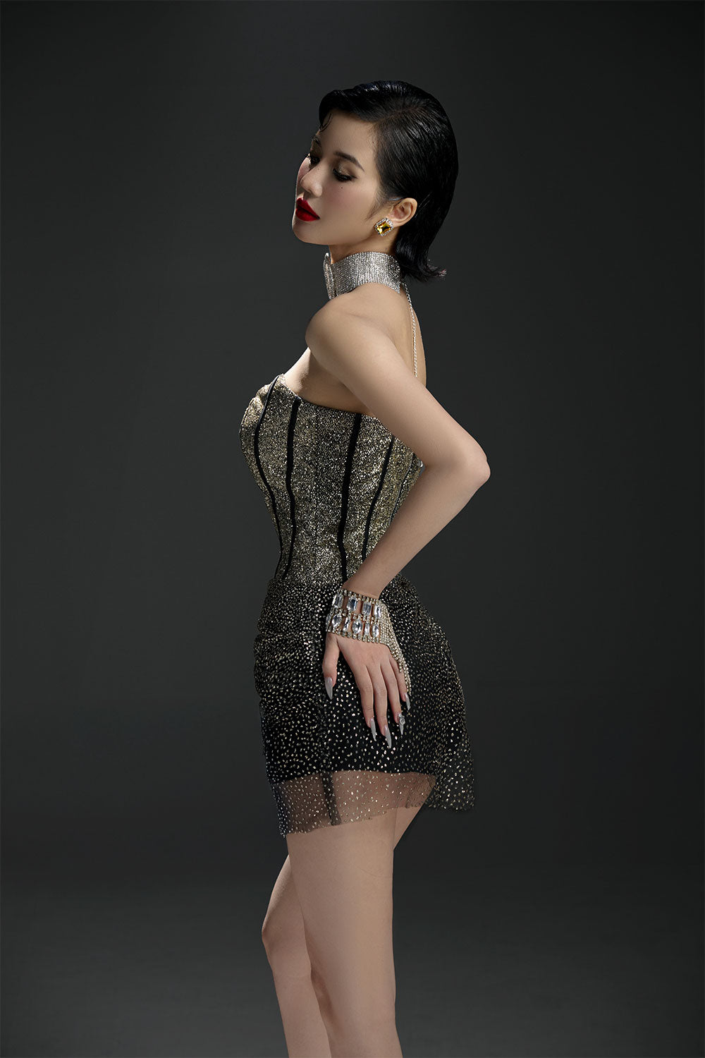 Twilight A-line Scoop Neck Mesh Sequin Mini Dress