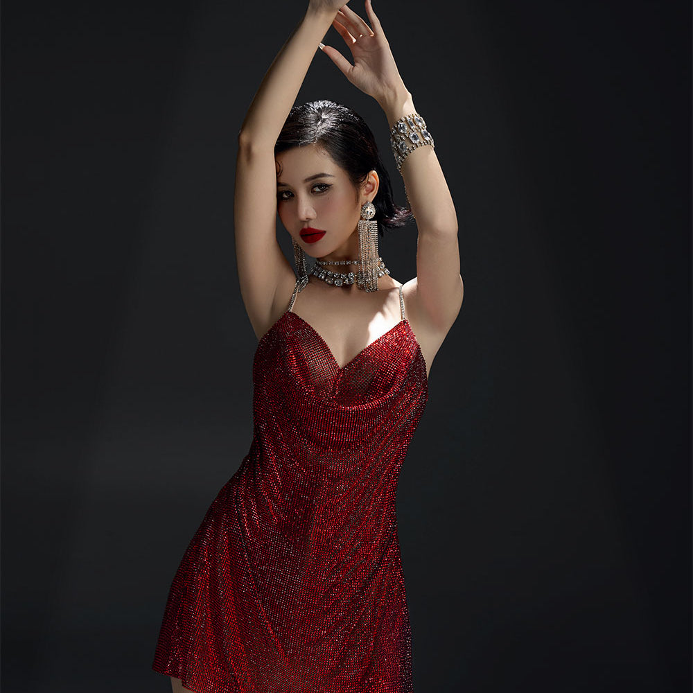 Glimering Gala A-line Spaghetti Strap Mesh Mini Dress