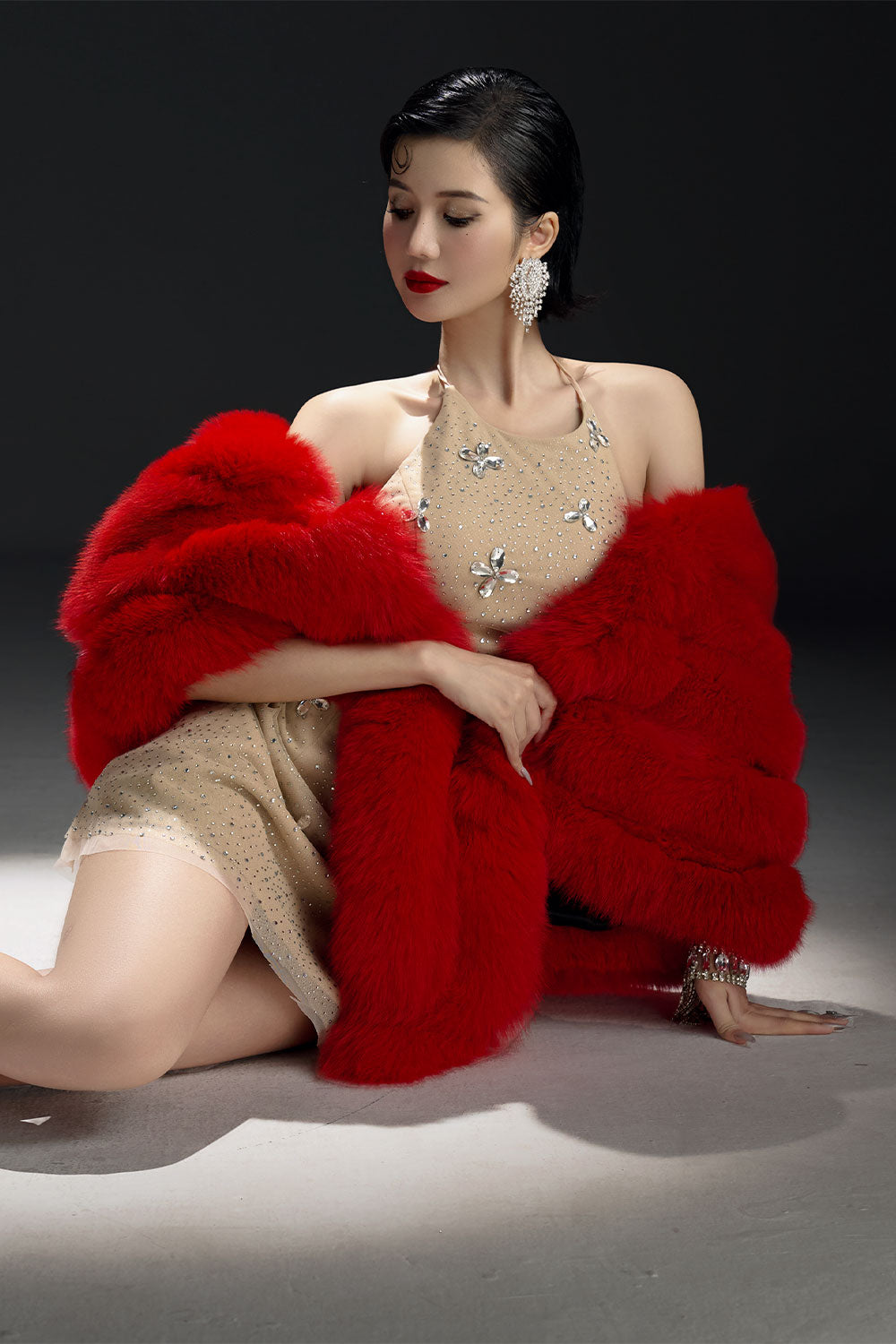 Crystal Dusk A-line Halter Neck Mesh Mini Dress