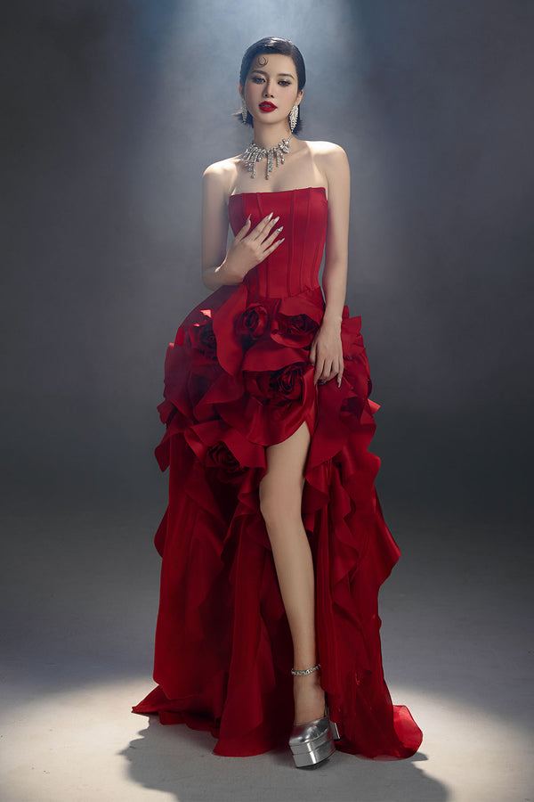 Jubilee of Jewels Slit Floral Mesh Taffeta Floor Length Dress