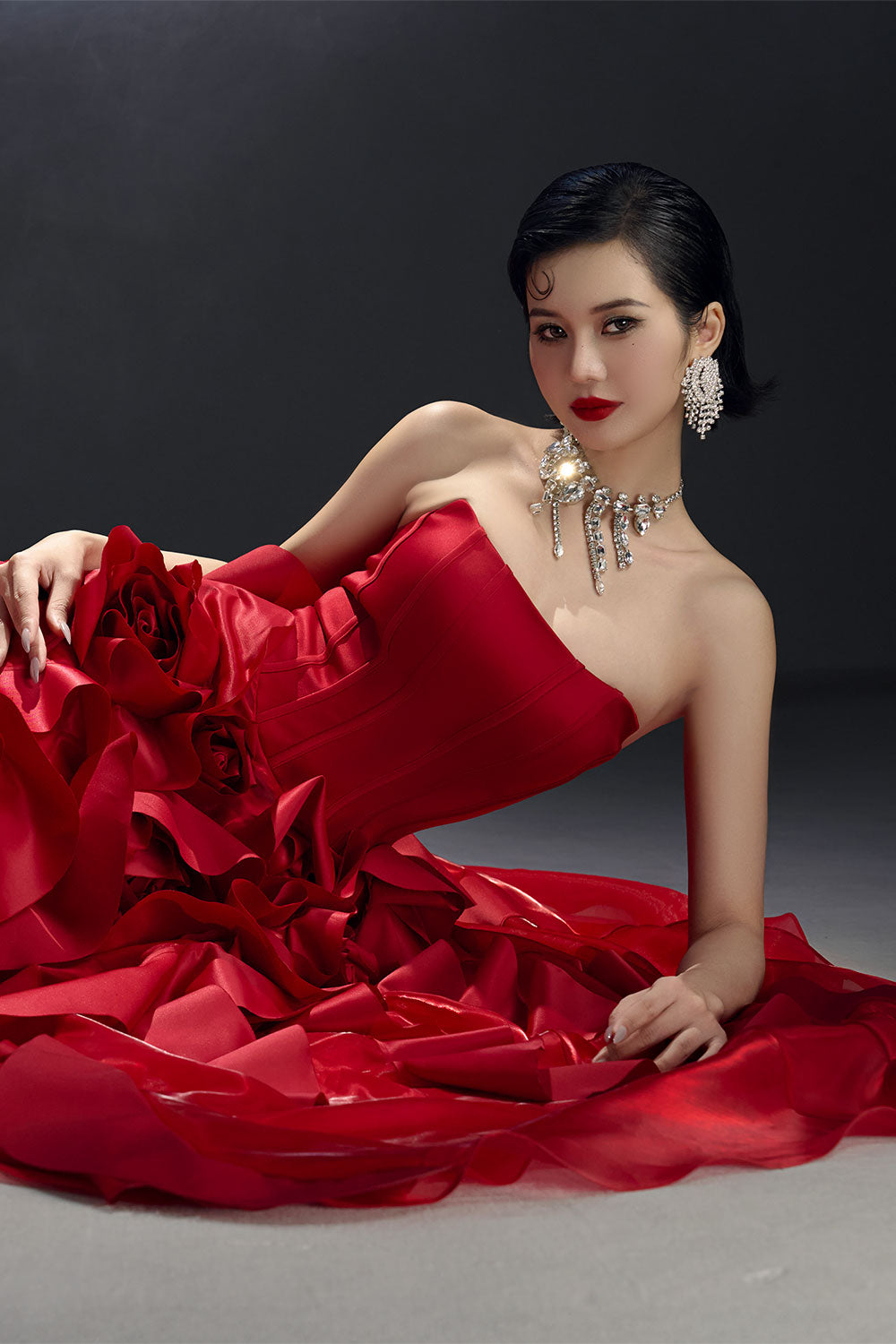 Jubilee of Jewels Slit Floral Mesh Taffeta Floor Length Dress