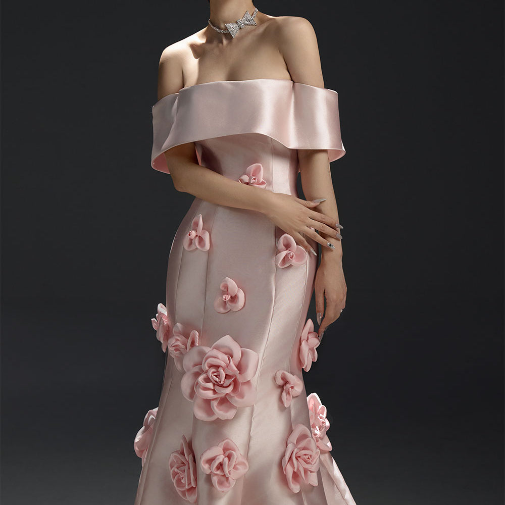 La Fleur Mermaid Flower Applique Taffeta Cotton Floor Length Dress