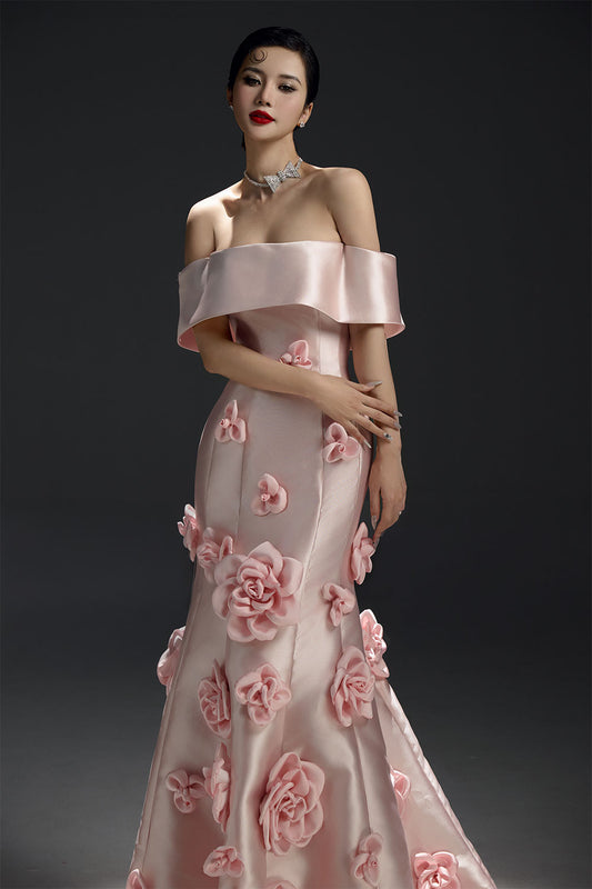 La Fleur Mermaid Flower Applique Taffeta Cotton Floor Length Dress