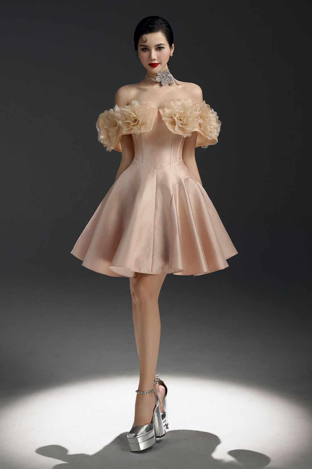 Majesstic Fit and Flare Floral Nacre Taffeta Mini Dress