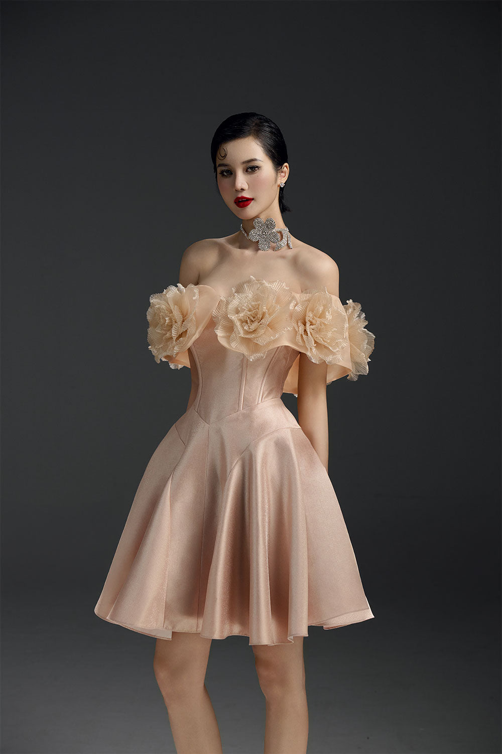 Majesstic Fit and Flare Floral Nacre Taffeta Mini Dress