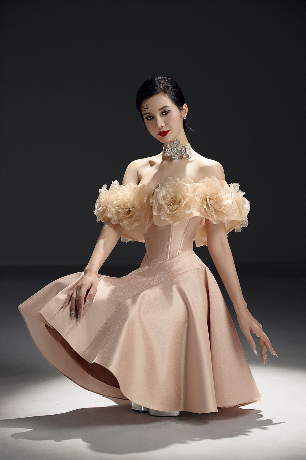 Majesstic Fit and Flare Floral Nacre Taffeta Mini Dress