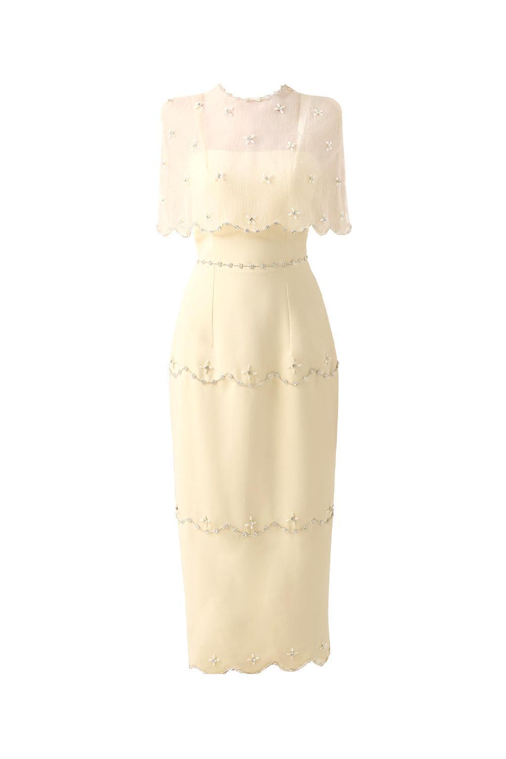knee length dresses for ladies Women's Rivera Sheath Cape Shoulder Mesh Taffeta Midi Set  XS/S/M/L/XL/Customize Beige MEAN BLVD