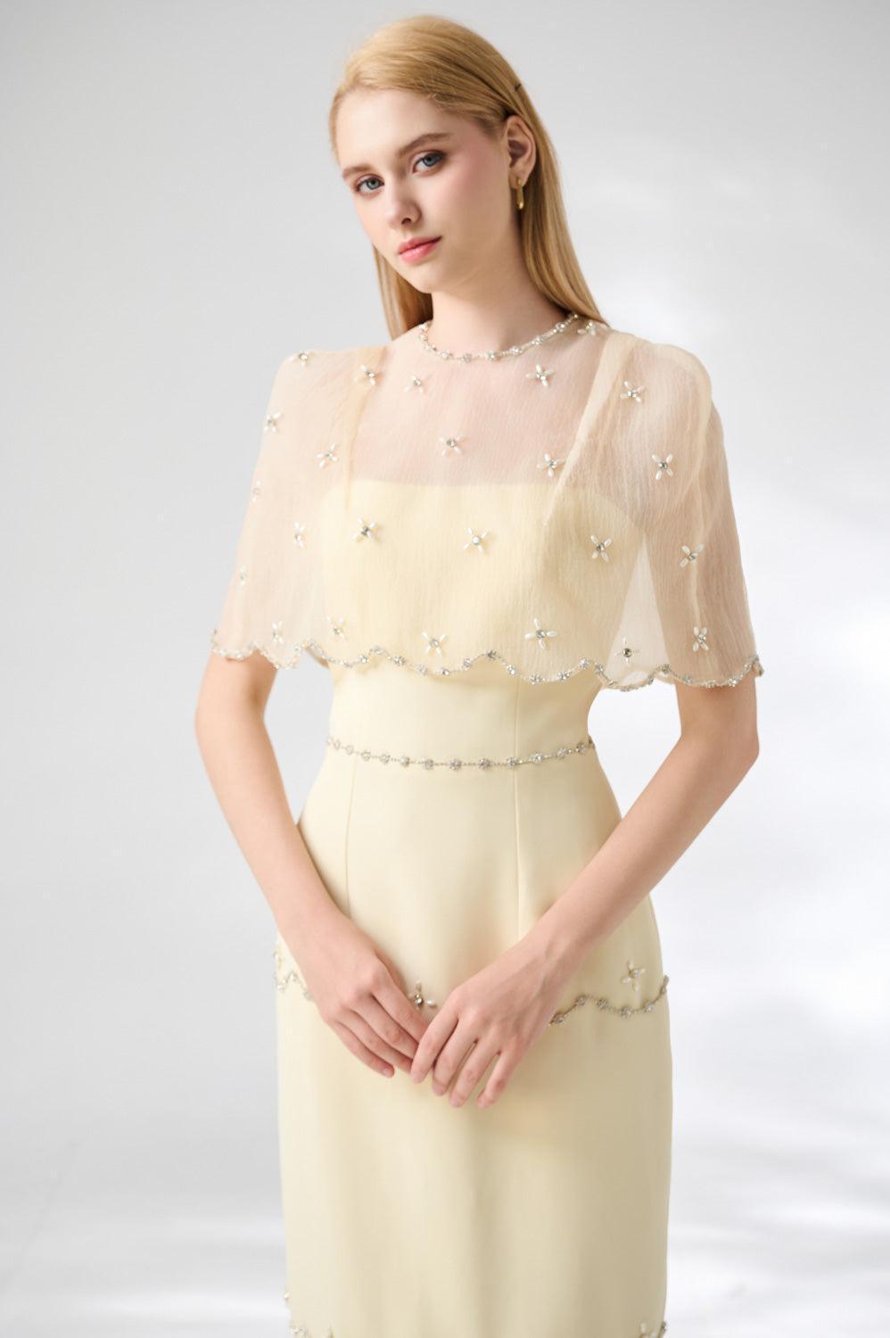 Rivera Sheath Cape Shoulder Mesh Taffeta Midi Set - MEAN BLVD