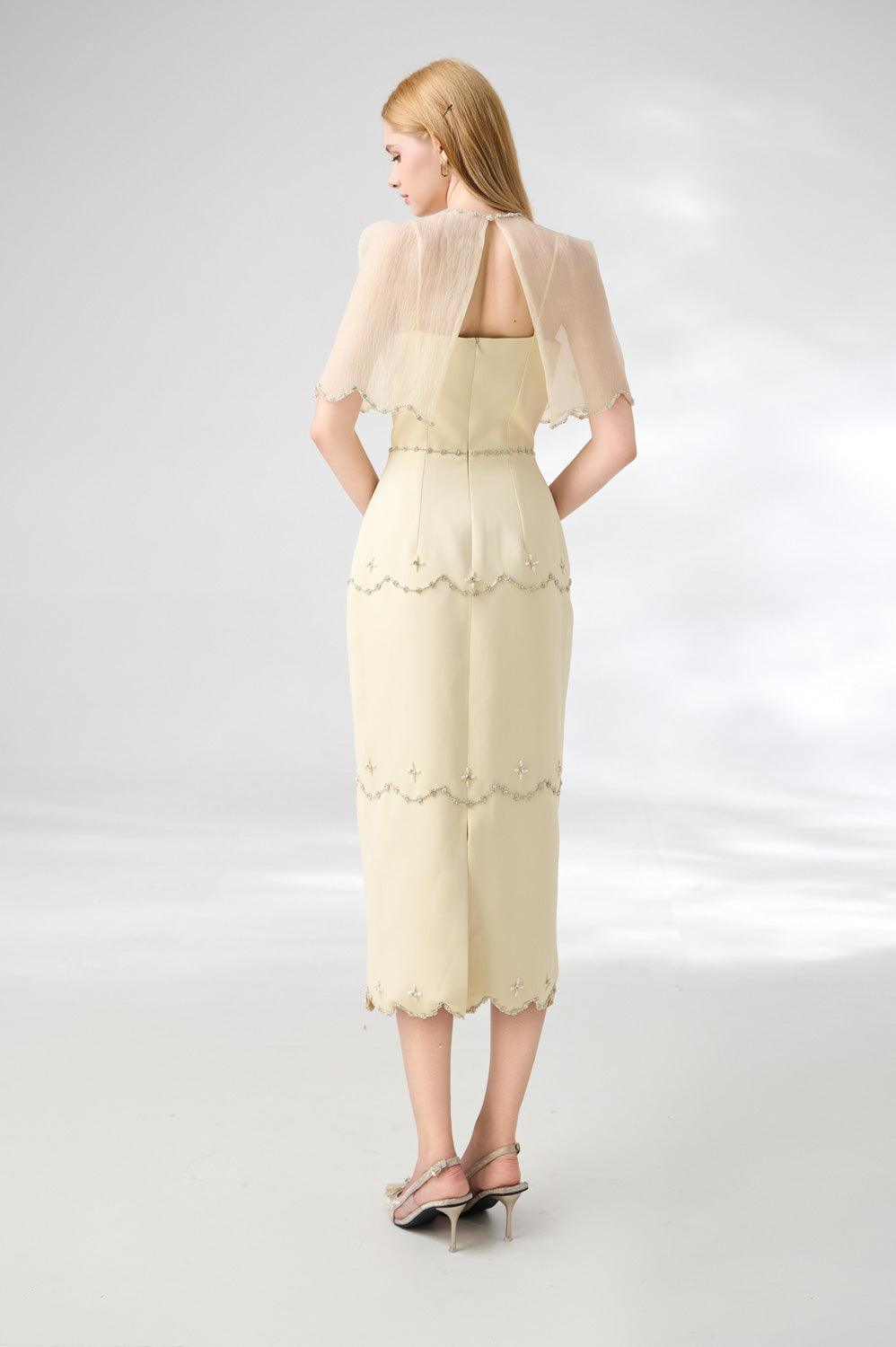 Rivera Sheath Cape Shoulder Mesh Taffeta Midi Set - MEAN BLVD