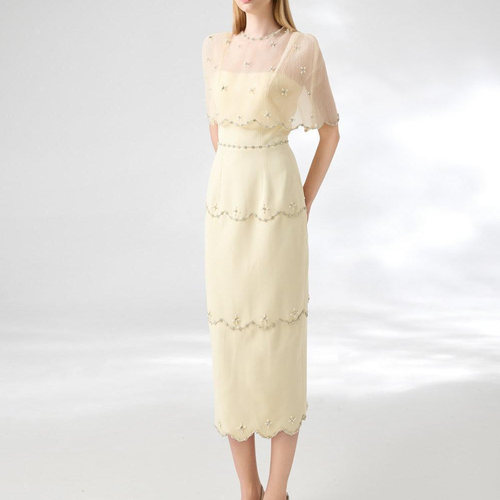 Rivera Sheath Cape Shoulder Mesh Taffeta Midi Set - MEAN BLVD