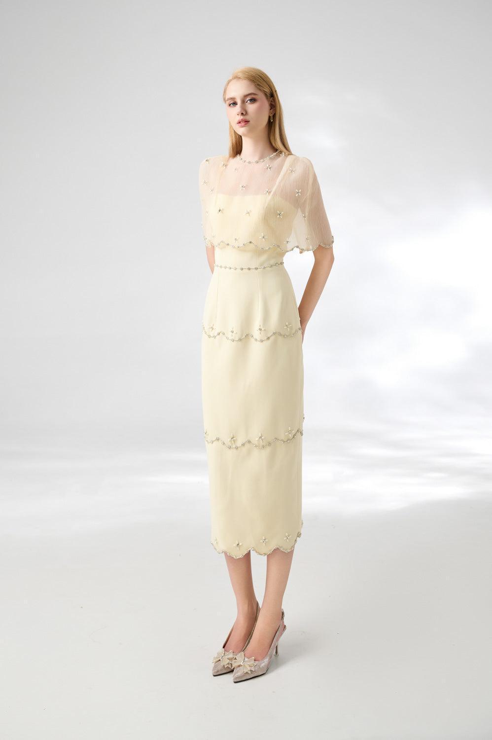 rivera midi dress Women's Rivera Sheath Cape Shoulder Mesh Taffeta Midi Set XS/S/M/L/XL/Customize Beige MEAN BLVD Beige / XS