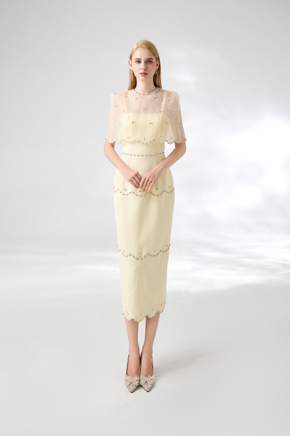 Rivera Sheath Cape Shoulder Mesh Taffeta Midi Set - MEAN BLVD