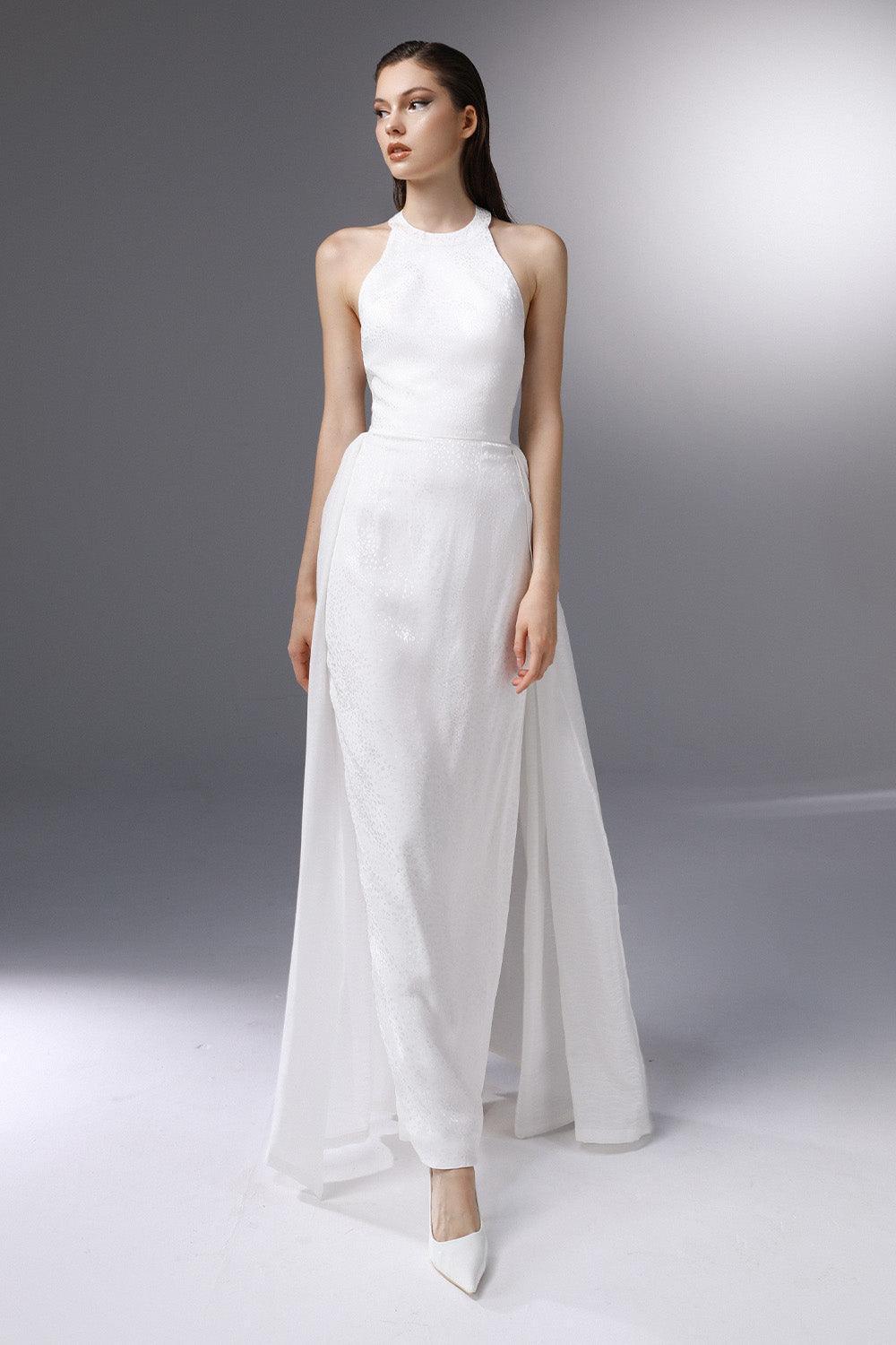 Riviera Sheath Extended Flap Silk Cotton Blend Ankle Length Dress White / 1