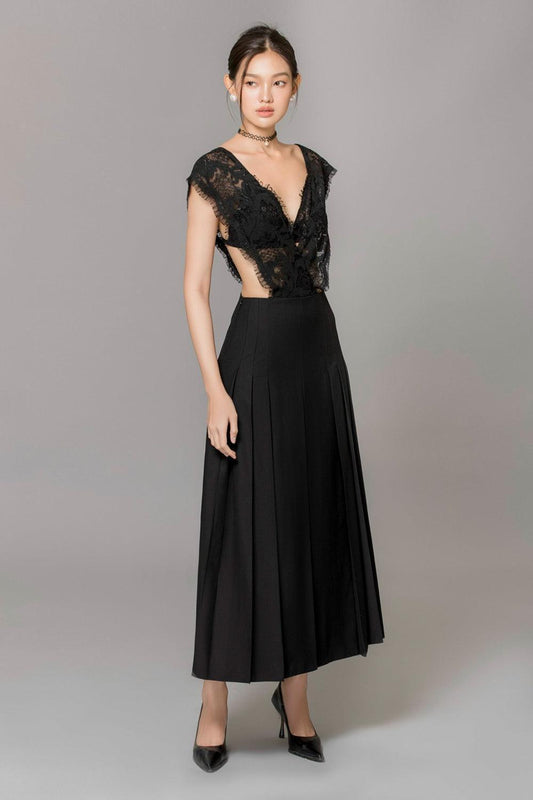 Rivka Pleated V-Neck Poly Wool Ankle Length Dress - MEAN BLVD