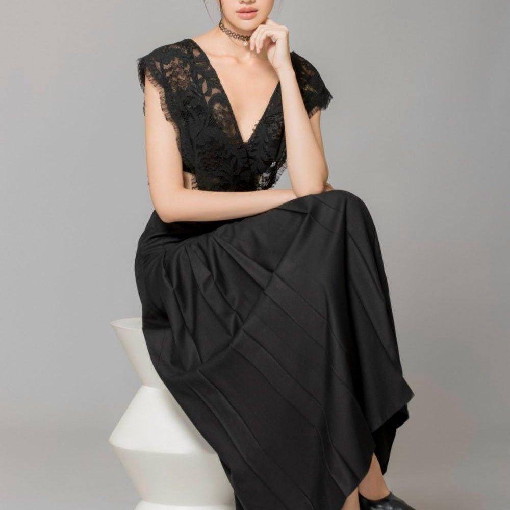 Rivka Pleated V-Neck Poly Wool Ankle Length Dress - MEAN BLVD