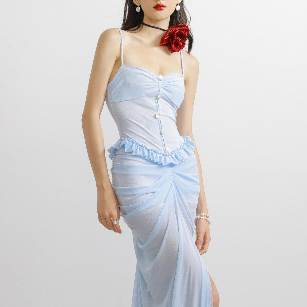 Rodney Sarong Spaghetti Strap Mesh Spandex Floor Length Dress - MEAN BLVD