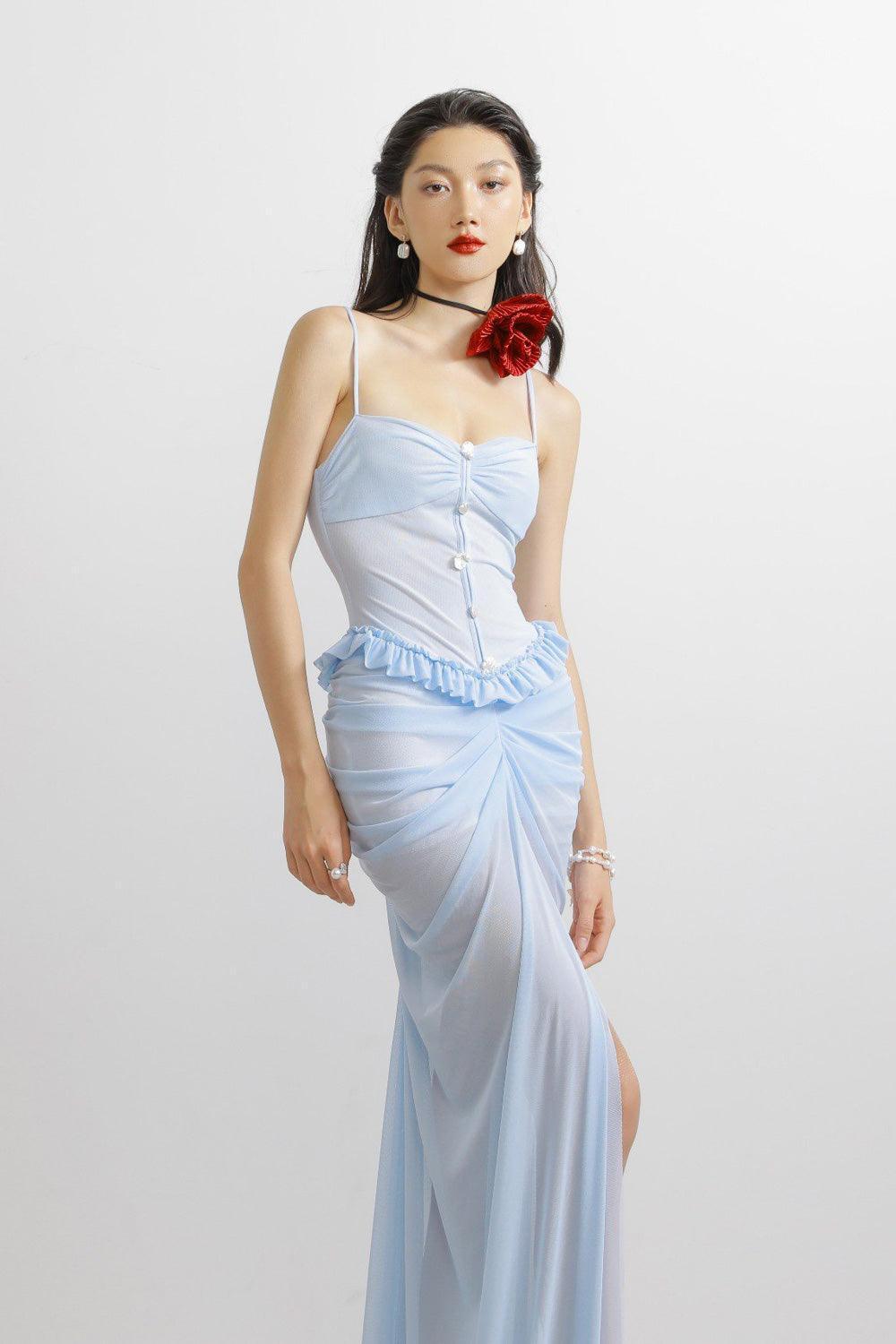 Rodney Sarong Spaghetti Strap Mesh Spandex Floor Length Dress - Light Blue / XS Rodney Sarong Spaghetti Strap Mesh Spandex Floor Length Dress - Light Blue / XS