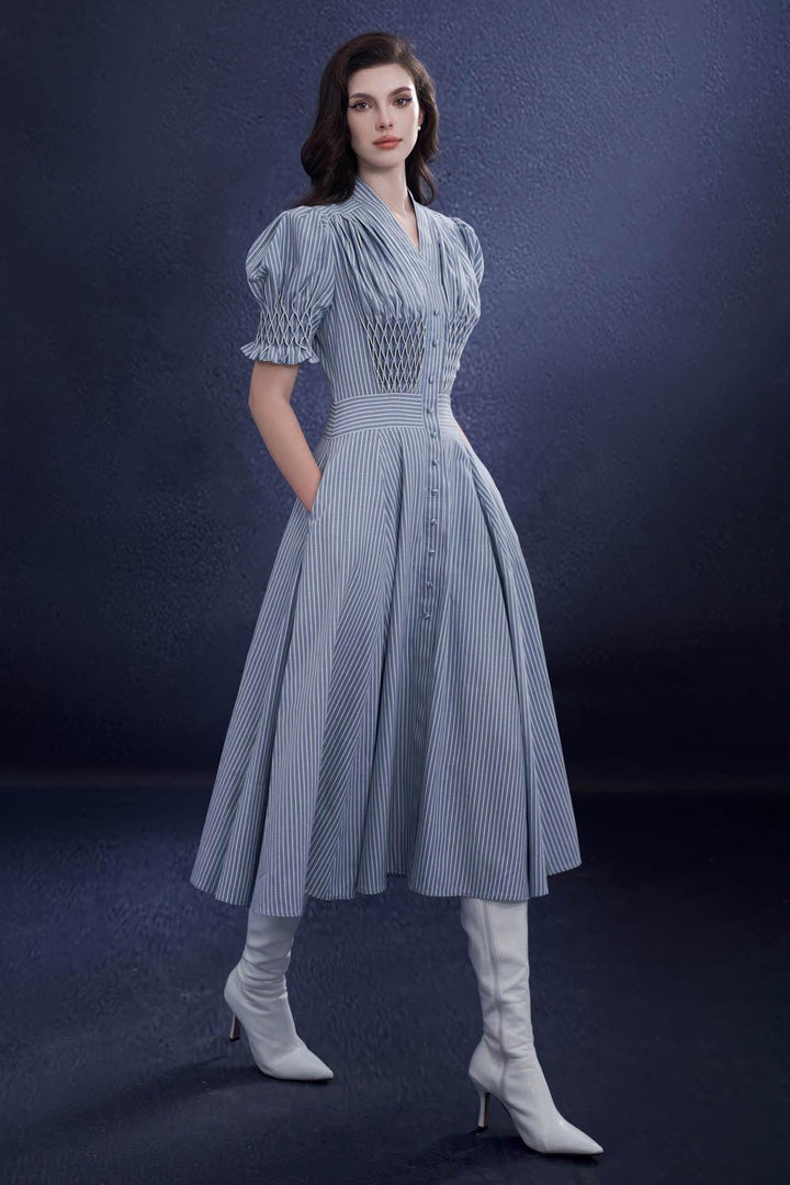 Rogueara A-line V-Neck Raw Fabric Midi Dress - MEAN BLVD