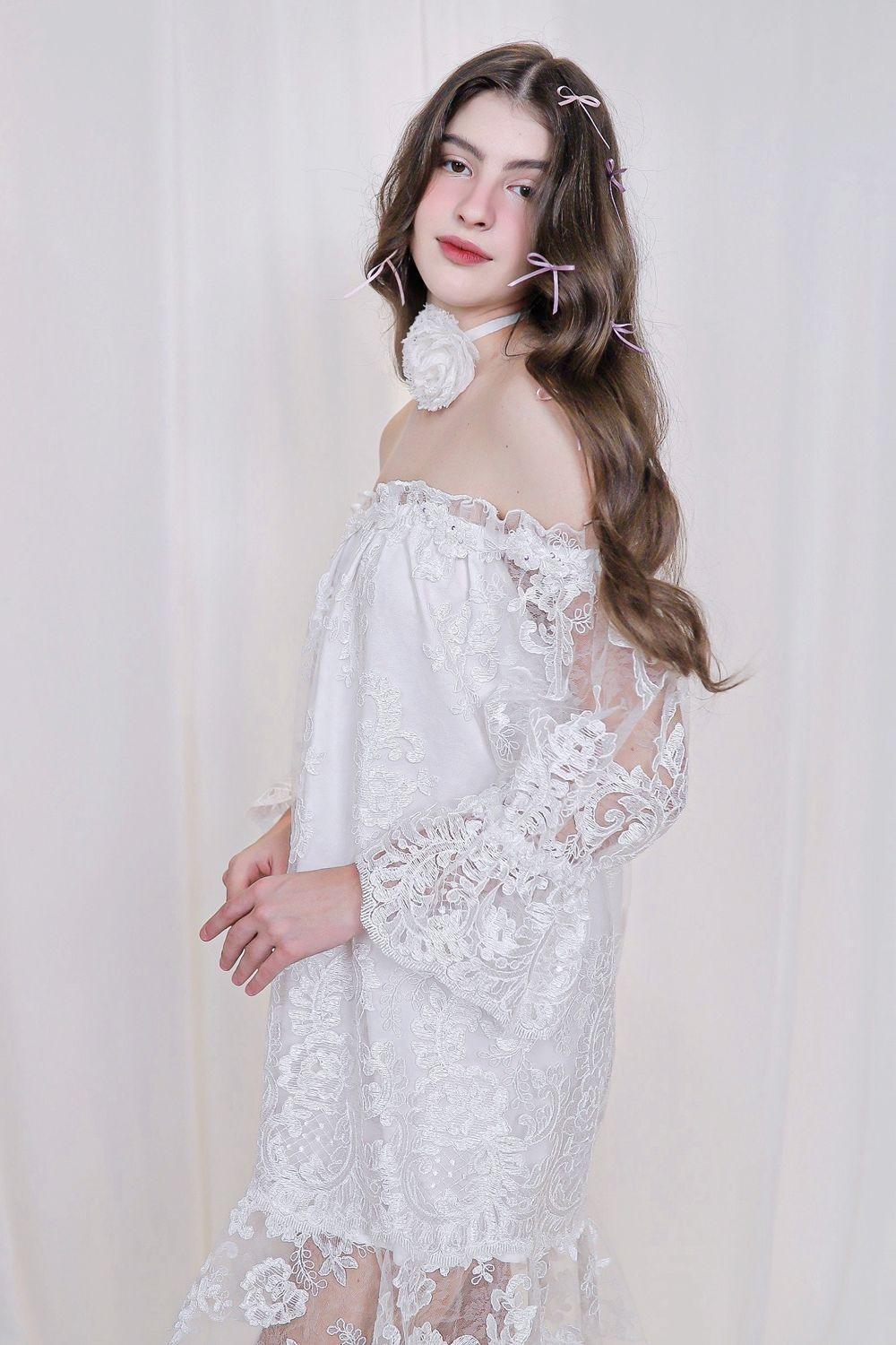 Romy Straight Off-Shoulder Lace Above The Knee Dress - MEAN BLVD