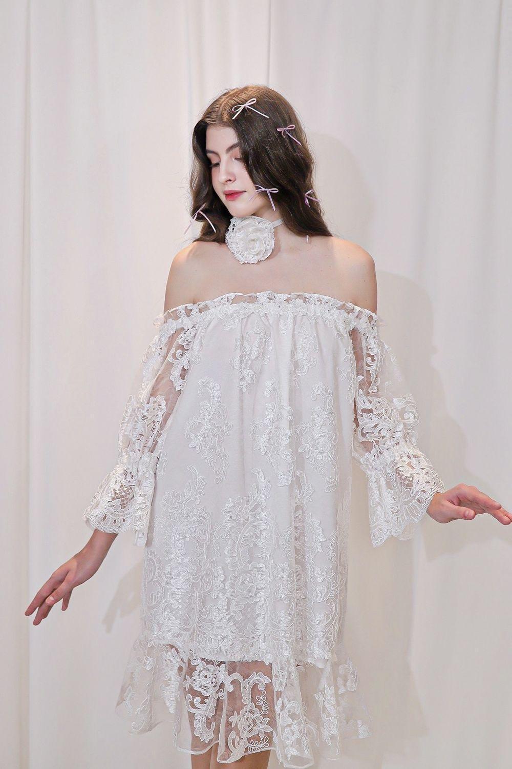 Romy Straight Off-Shoulder Lace Above The Knee Dress - MEAN BLVD