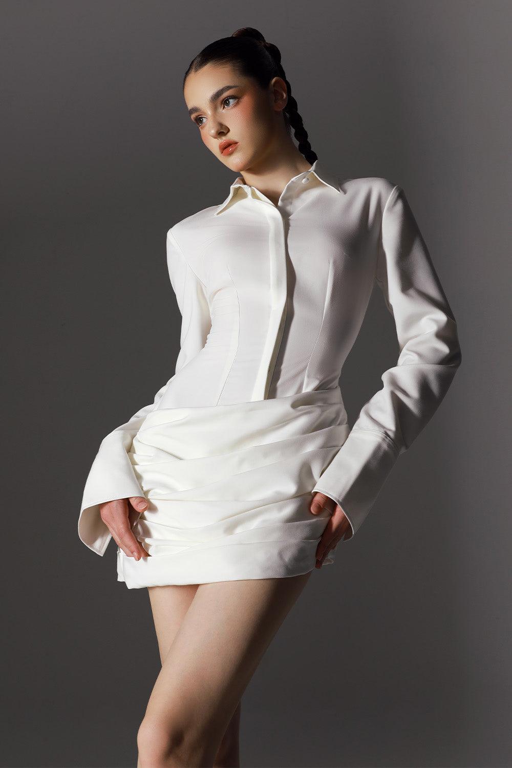 mini hourglass dress Women's Rookie Hourglass Collared Neck Wool Cotton Mini Dress 0/1/2/3/Customize White MEAN BLVD White / 3