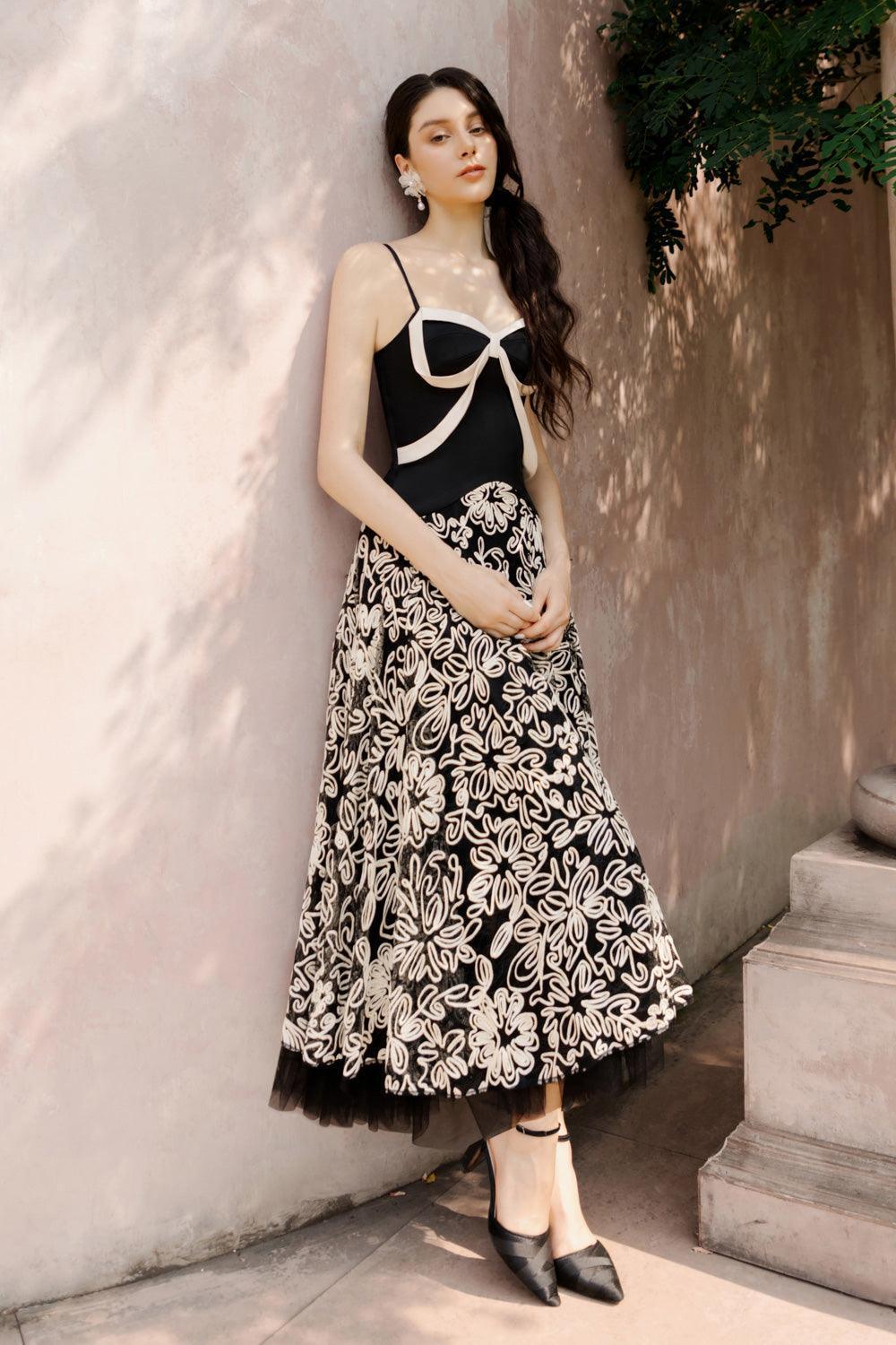 Women's Rosa A-line Semi-Heart Neck Polyester Lace Midi Dress S/M/L/XL Black and White MEAN BLVD XL / Black and White Women's Rosa A-line Semi-Heart Neck Polyester Lace Midi Dress S/M/L/XL Black and White MEAN BLVD XL / Black and White