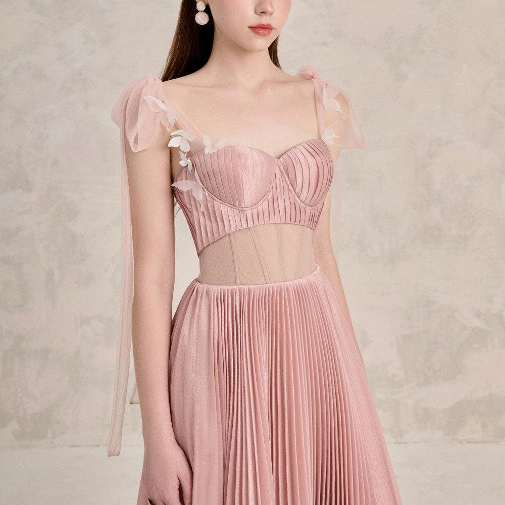 Rosalie Pleated Corset Waist Silk Midi Dress - MEAN BLVD