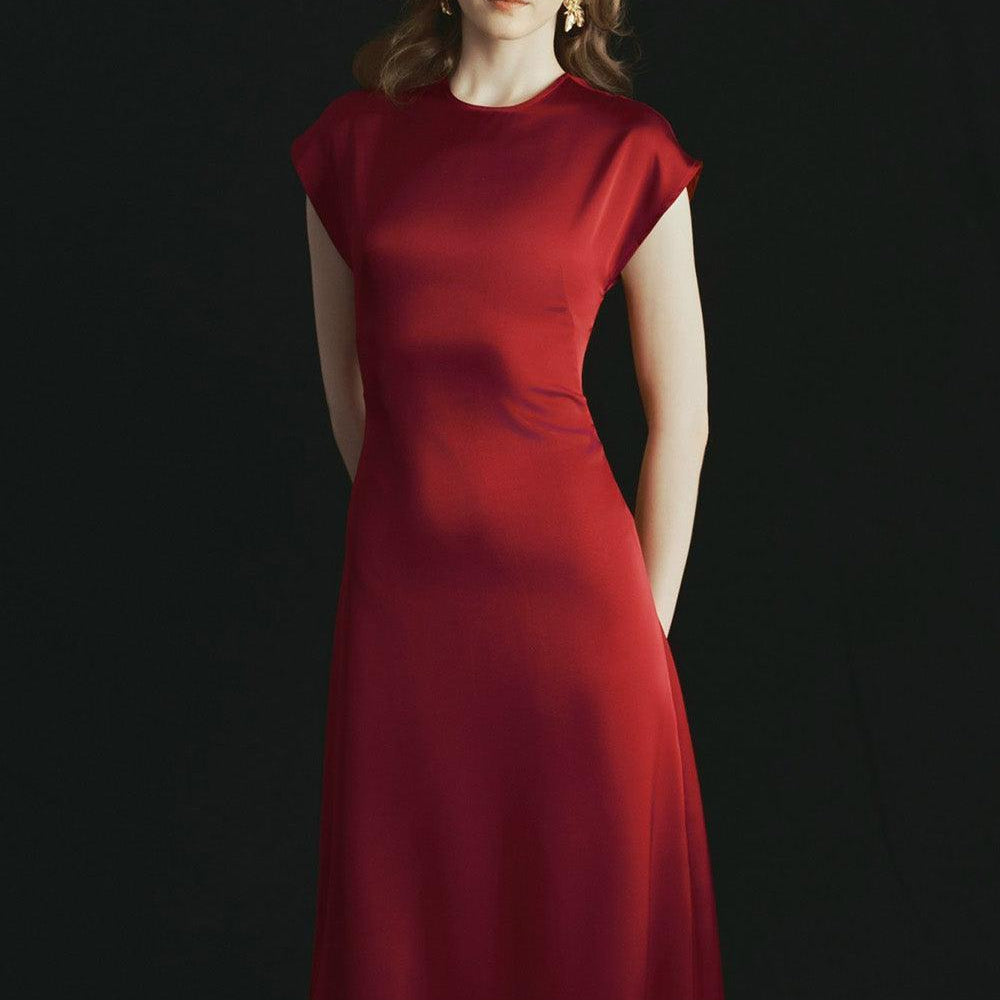 Rose A-line Round Neck Poly Silk Calf Length Dress - MEAN BLVD