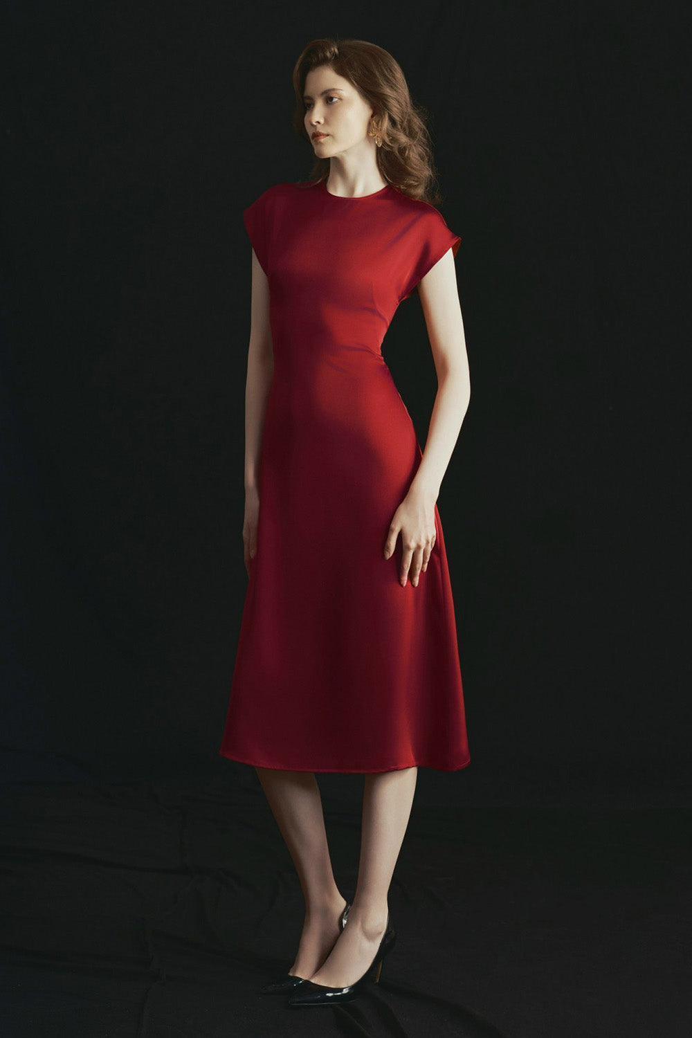 Women's Rose A-line Round Neck Poly Silk Calf Length Dress XS/S/M/L/XL/Customize Red MEAN BLVD Red / XL Women's Rose A-line Round Neck Poly Silk Calf Length Dress XS/S/M/L/XL/Customize Red MEAN BLVD Red / XL